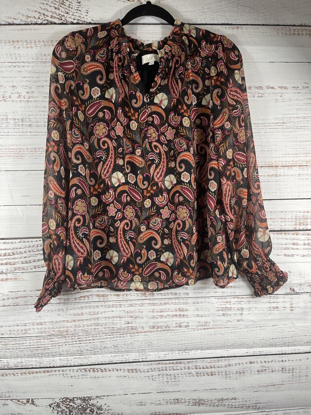 LOFT Blouse Women's Size MP Black Paisley Ruffle V Neck Long Sleeve Sheer Lined